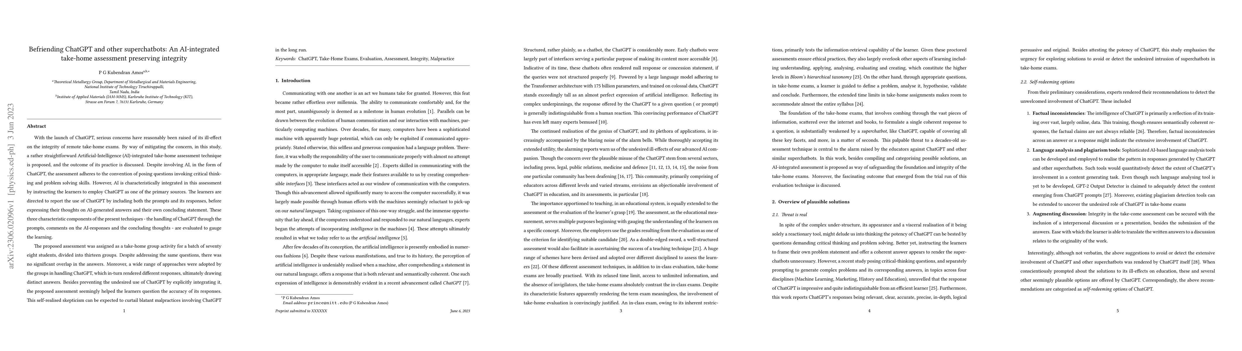 Thumbnail for Befriending ChatGPT and other superchatbots: An AI-integrated take-home
  assessment preserving integrity
