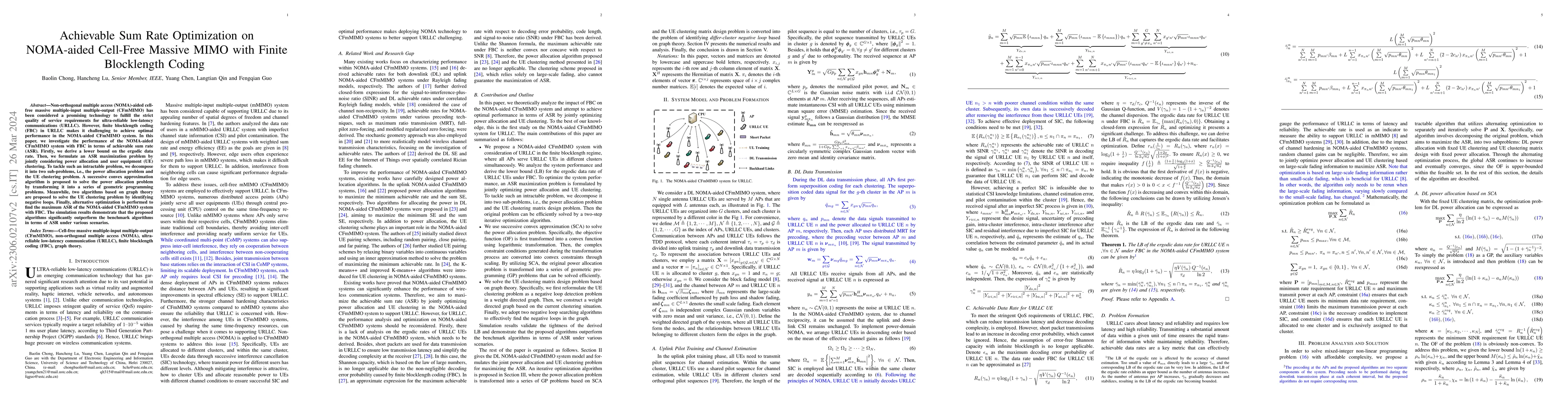 Thumbnail for Achievable Sum Rate Optimization on NOMA-aided Cell-Free Massive MIMO
  with Finite Blocklength Coding