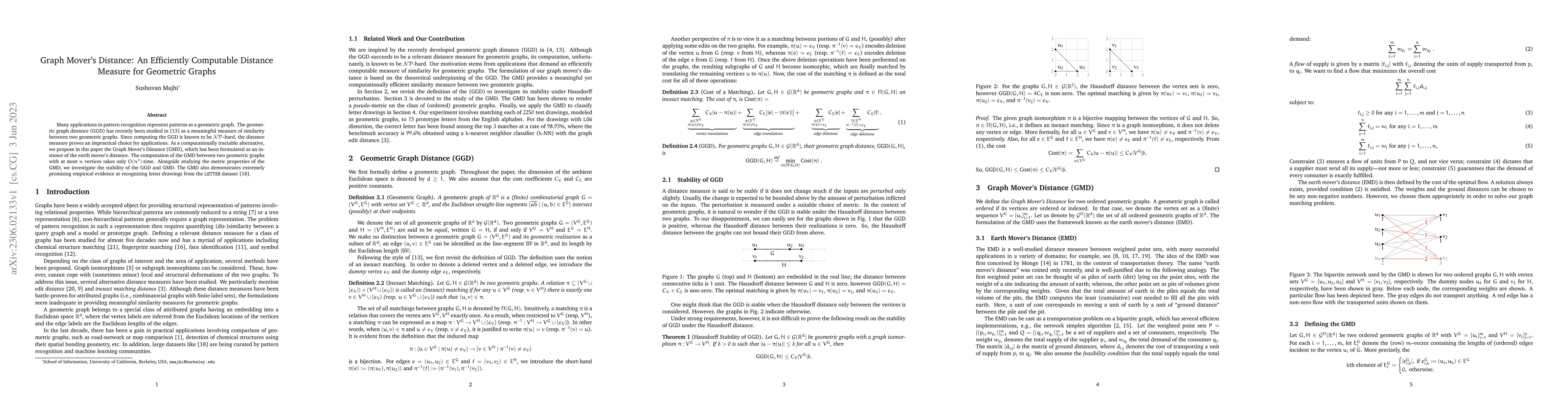 Thumbnail for Graph Mover's Distance: An Efficiently Computable Distance Measure for
  Geometric Graphs