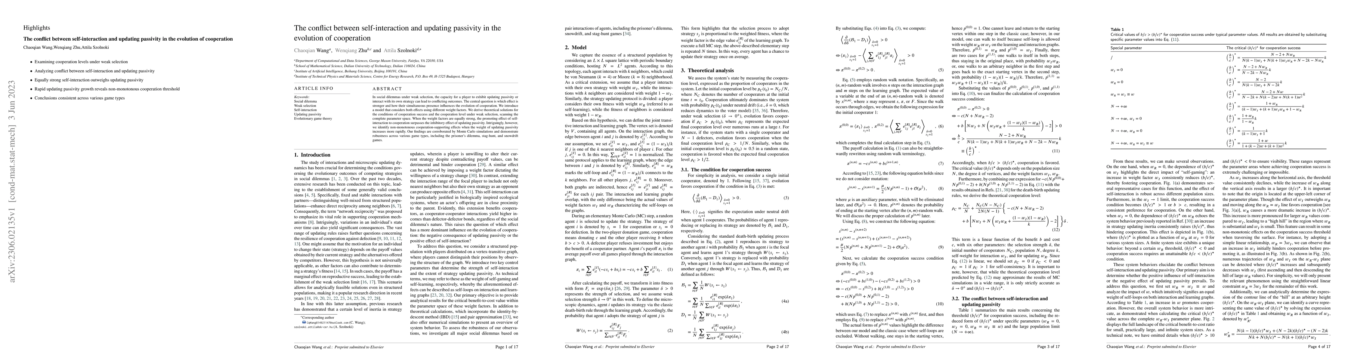 Thumbnail for The conflict between self-interaction and updating passivity in the
  evolution of cooperation