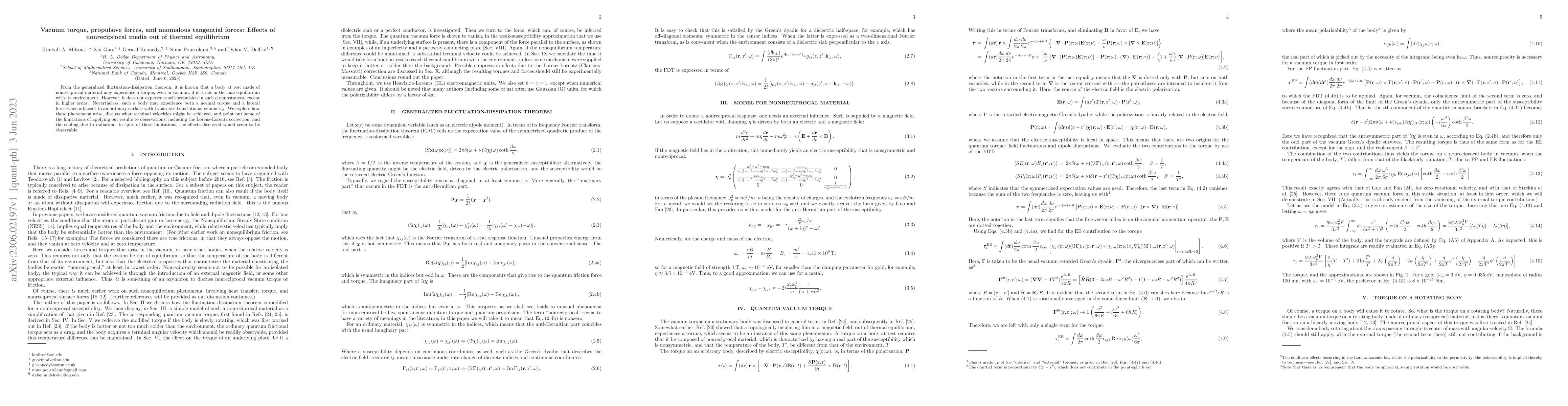Thumbnail for Vacuum torque, propulsive forces, and anomalous tangential forces:
  Effects of nonreciprocal media out of thermal equilibrium