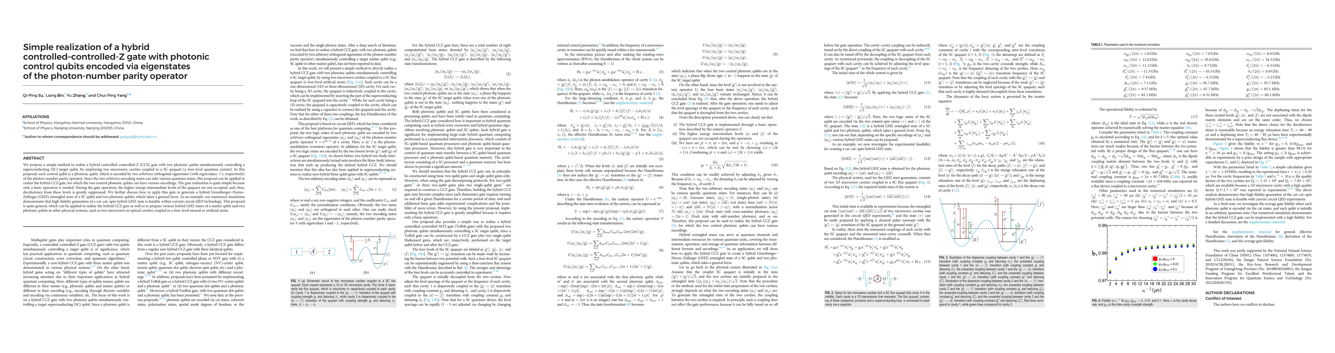 Thumbnail for Simple realization of a hybrid controlled-controlled-Z gate with
  photonic control qubits encoded via eigenstates of the photon-number parity
  operator