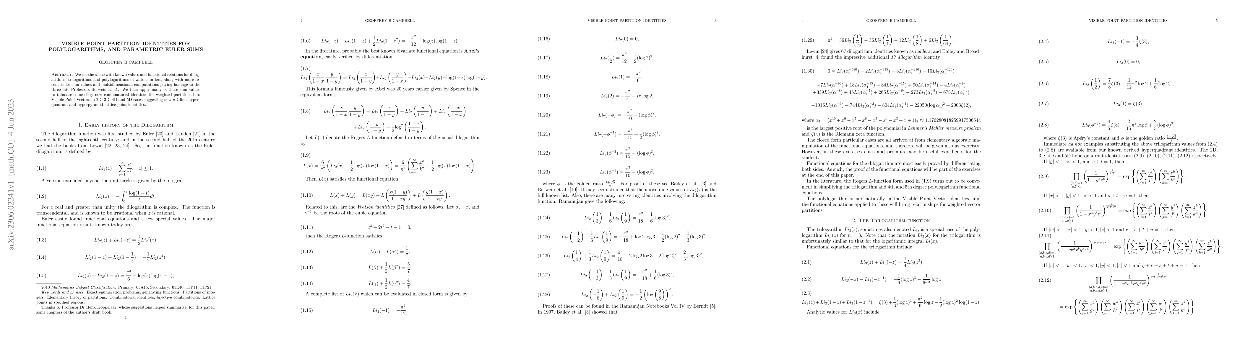 Thumbnail for Visible Point Partition Identities for Polylogarithms, and Parametric
  Euler Sums