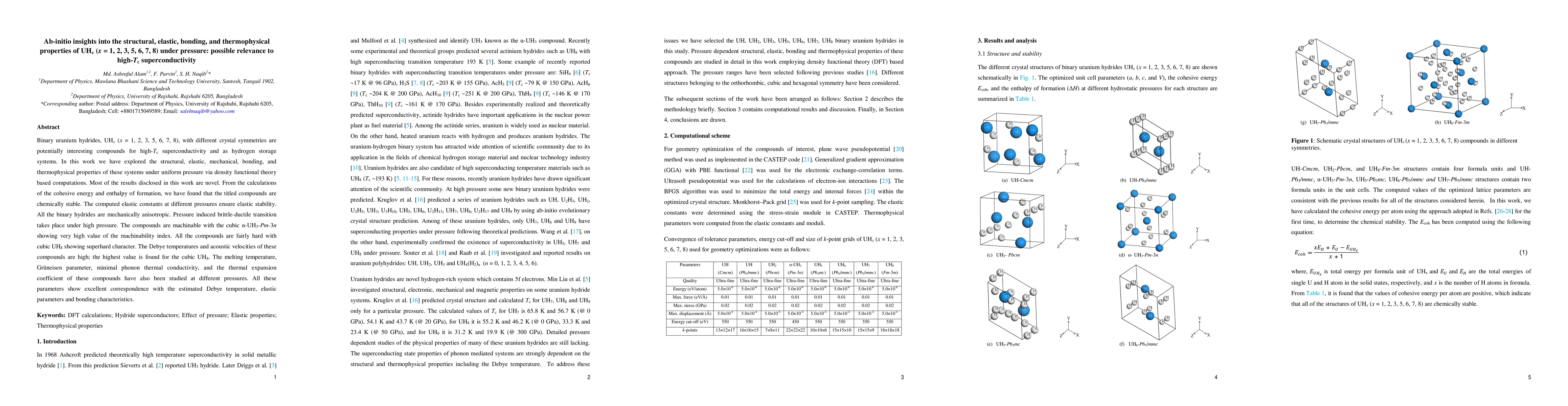 Thumbnail for Ab-initio insights into the structural, elastic, bonding, and
  thermophysical properties of UHx (x = 1, 2, 3, 5, 6, 7, 8) under pressure:
  possible relevance to high-Tc superconductivity