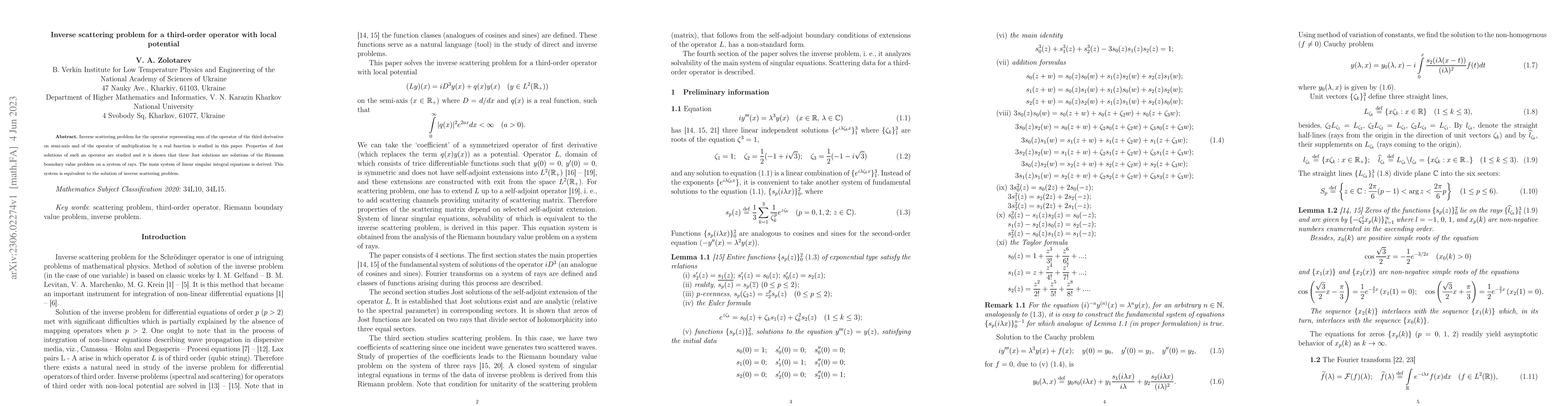 Thumbnail for Inverse scattering problem for a third-order operator with local
  potential