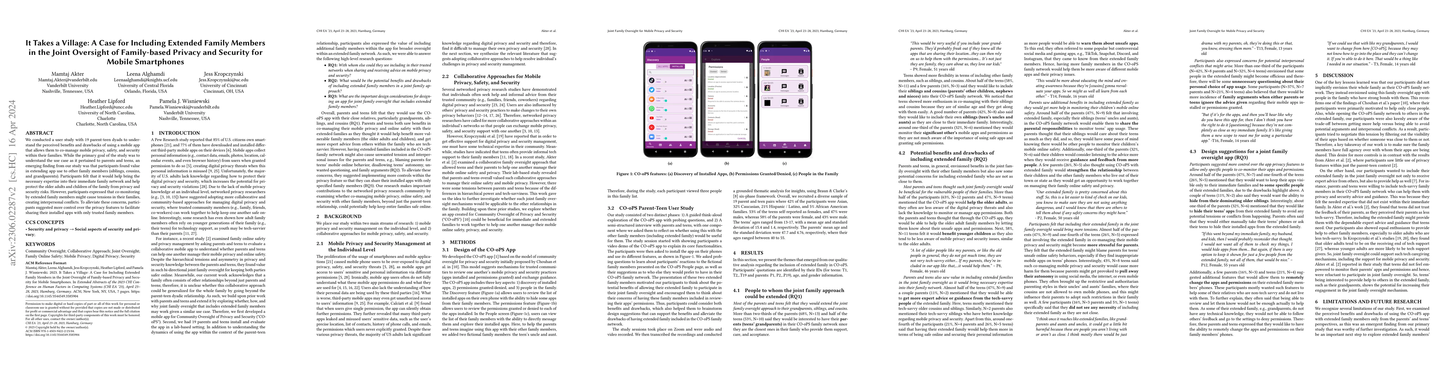 Thumbnail for It Takes a Village: A Case for Including Extended Family Members in the
  Joint Oversight of Family-based Privacy and Security for Mobile Smartphones