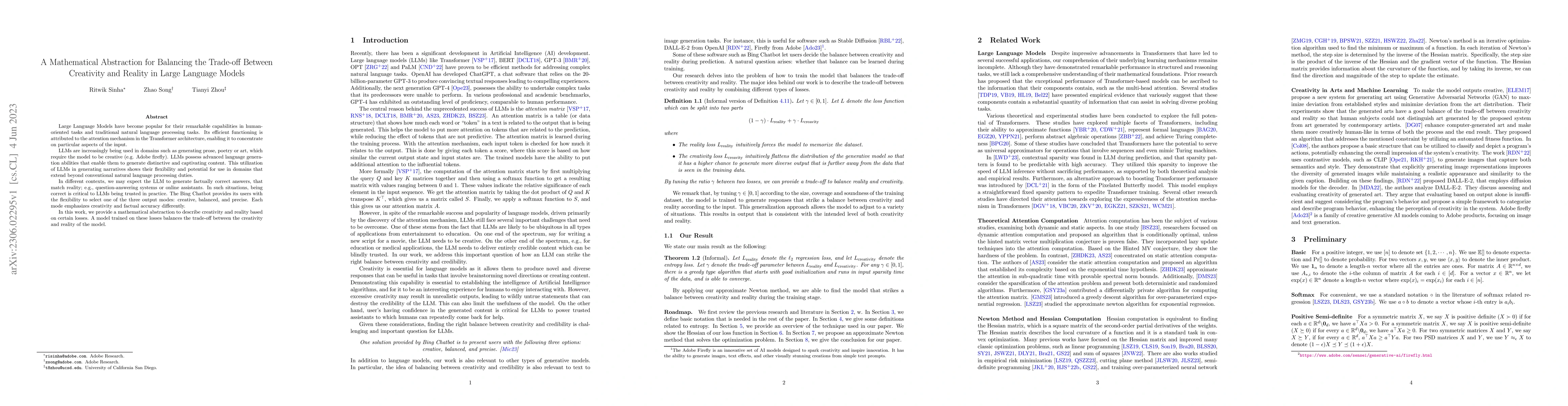 Thumbnail for A Mathematical Abstraction for Balancing the Trade-off Between
  Creativity and Reality in Large Language Models