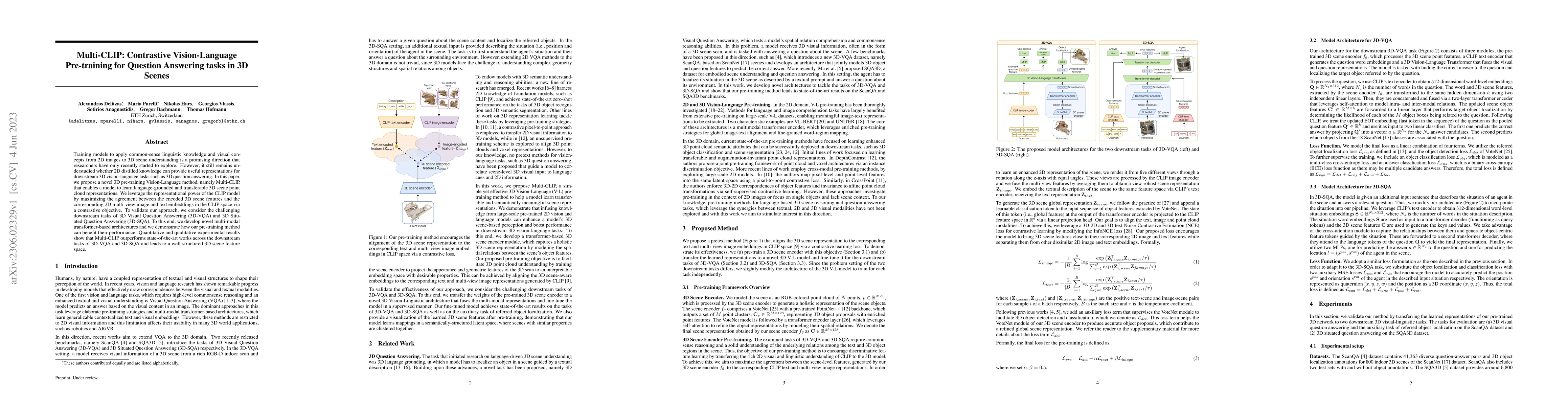 Thumbnail for Multi-CLIP: Contrastive Vision-Language Pre-training for Question
  Answering tasks in 3D Scenes