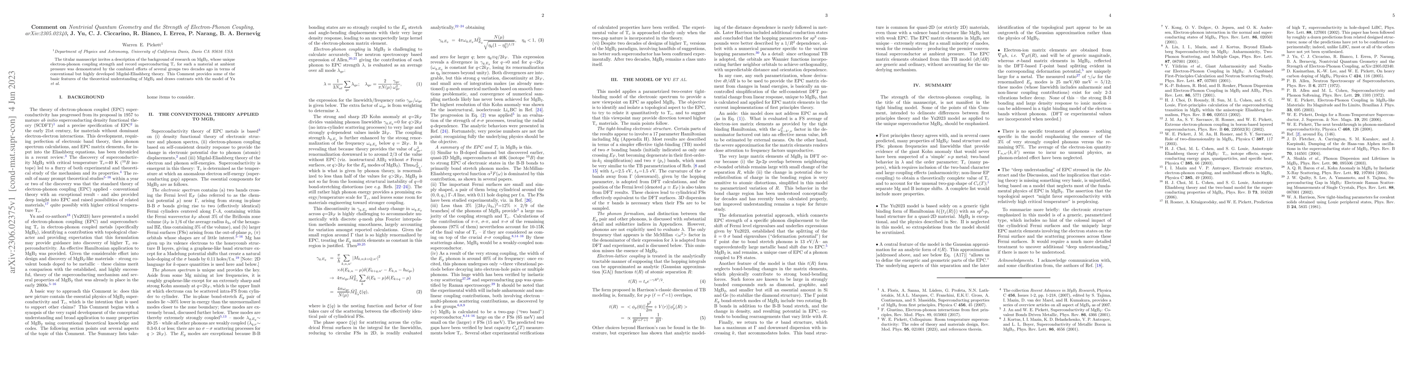 Thumbnail for Comment on "Nontrivial Quantum Geometry and the Strength of
  Electron-Phonon Coupling", arXiv:2305.02340, J. Yu, C. J. Ciccarino, R.
  Bianco, I. Errea, P. Narang, B. A. Bernevig