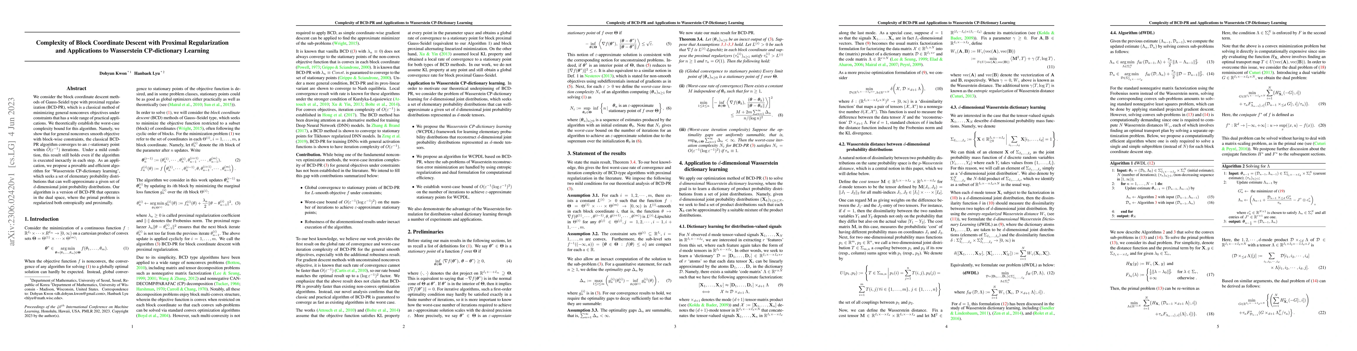 Thumbnail for Complexity of Block Coordinate Descent with Proximal Regularization and
  Applications to Wasserstein CP-dictionary Learning