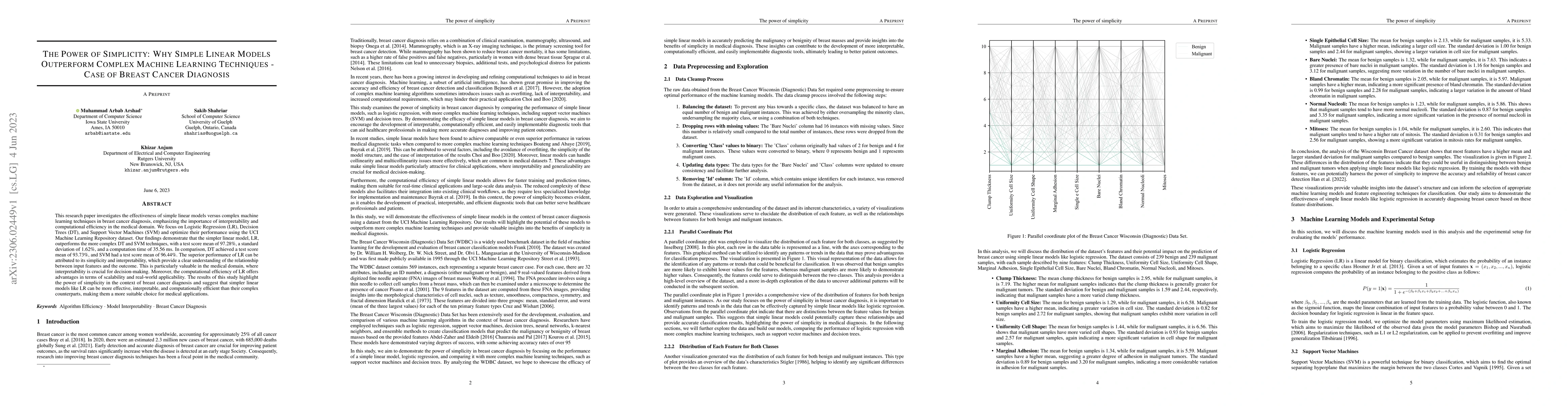 Thumbnail for The Power Of Simplicity: Why Simple Linear Models Outperform Complex
  Machine Learning Techniques -- Case Of Breast Cancer Diagnosis