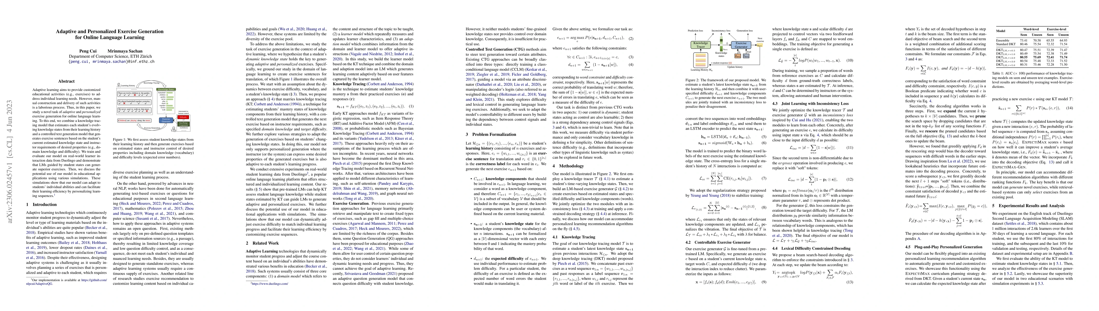 Thumbnail for Adaptive and Personalized Exercise Generation for Online Language
  Learning