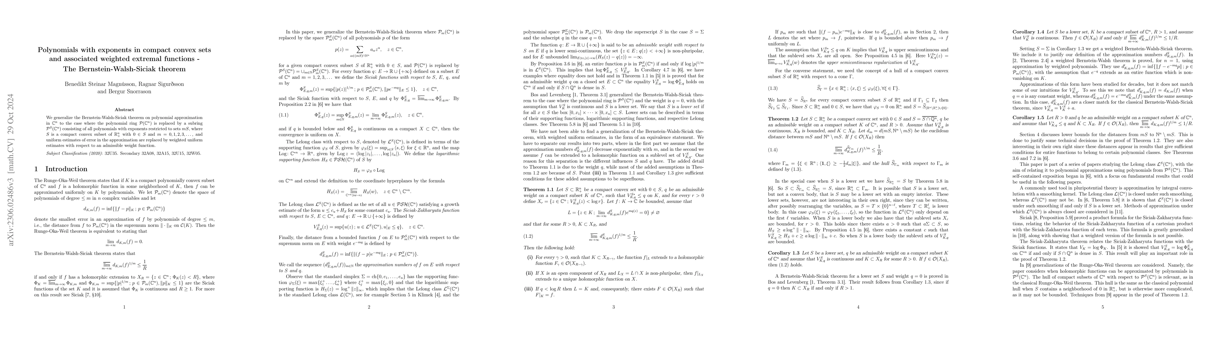 Thumbnail for Polynomials with exponents in compact convex sets and associated
  weighted extremal functions -- The Bernstein-Walsh-Siciak theorem