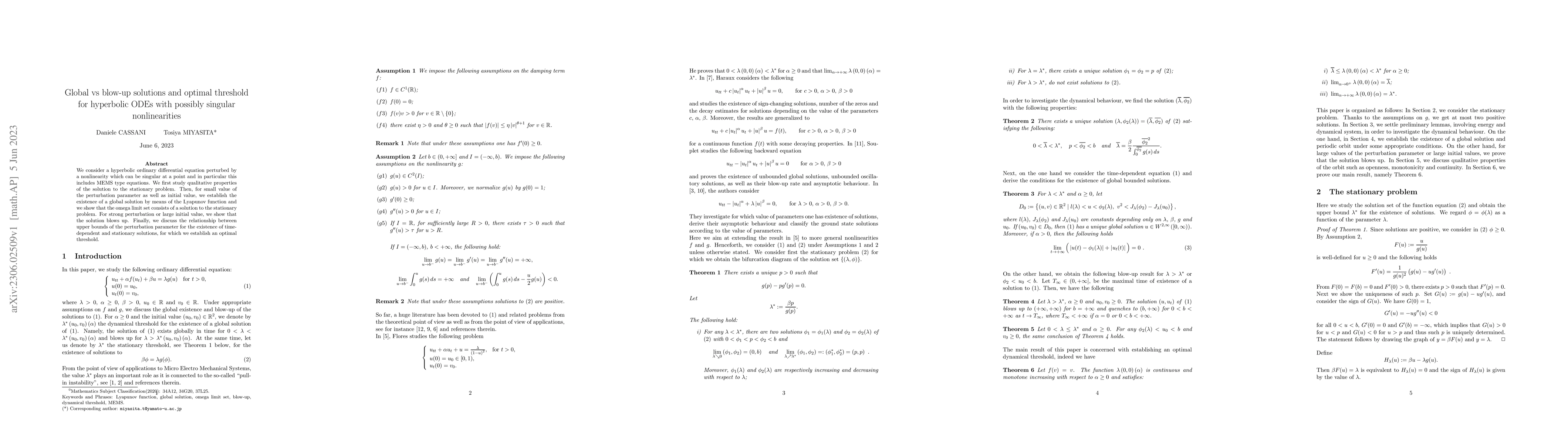 Thumbnail for Global vs blow-up solutions and optimal threshold for hyperbolic ODEs
  with possibly singular nonlinearities