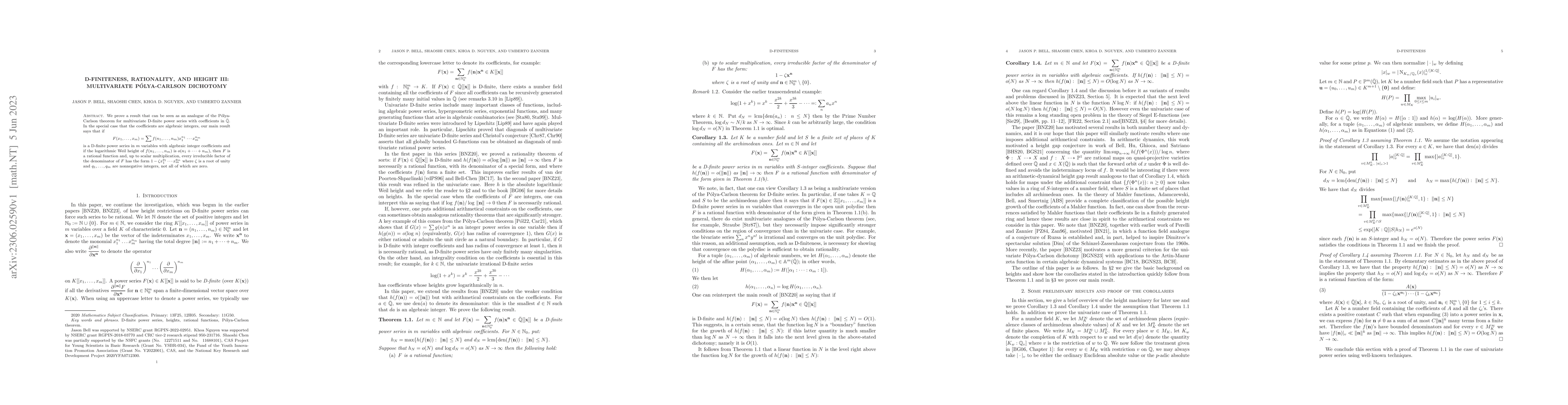 Thumbnail for D-finiteness, rationality, and height III: multivariate P\'olya-Carlson
  dichotomy
