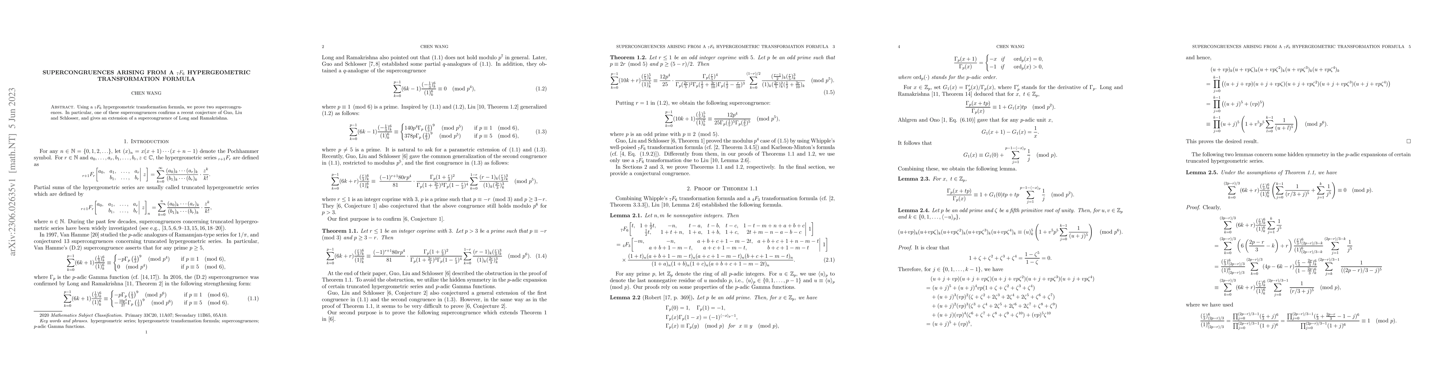 Thumbnail for Supercongruences arising from a ${}_7F_6$ hypergeometric transformation
  formula