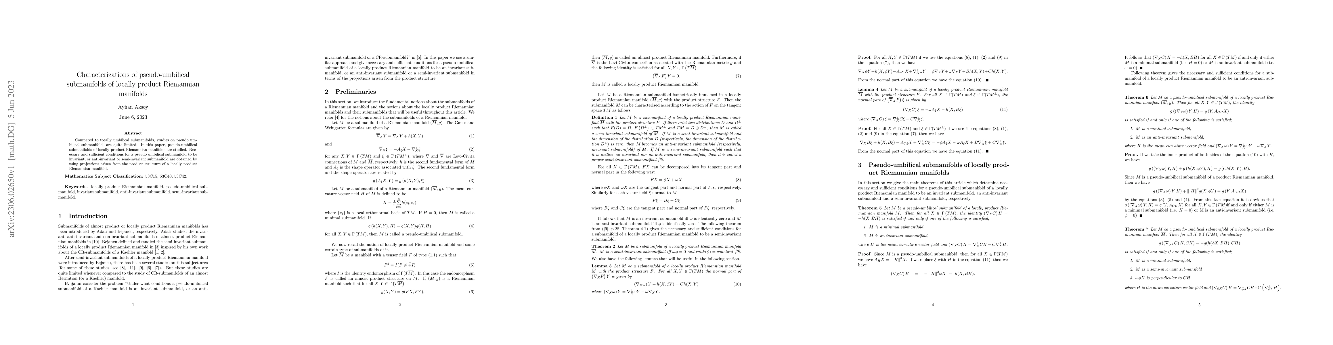 Thumbnail for Characterizations of pseudo-umbilical submanifolds of locally product
  Riemannian manifolds