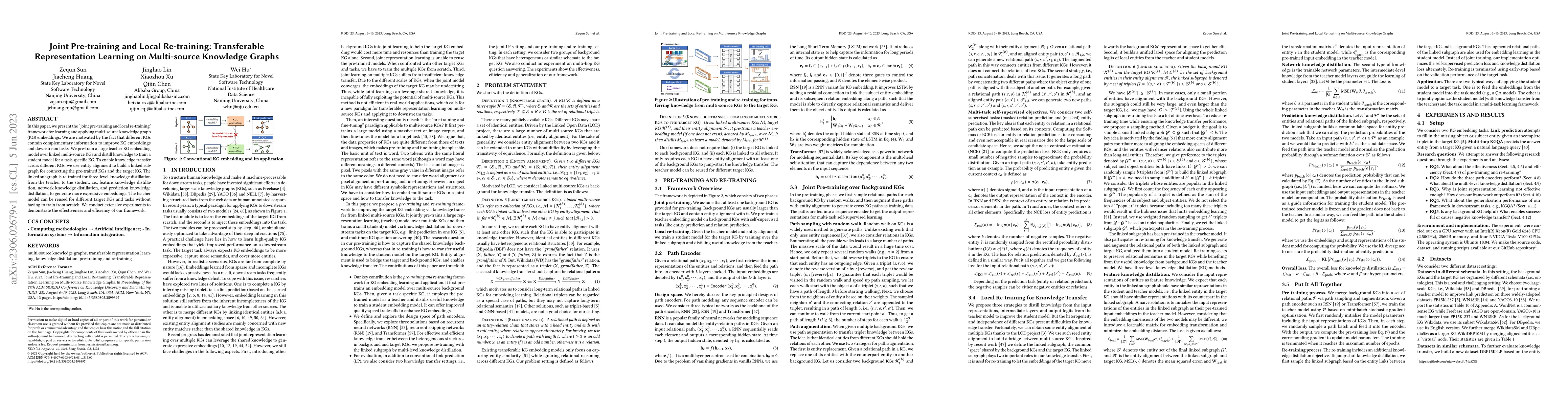 Thumbnail for Joint Pre-training and Local Re-training: Transferable Representation
  Learning on Multi-source Knowledge Graphs