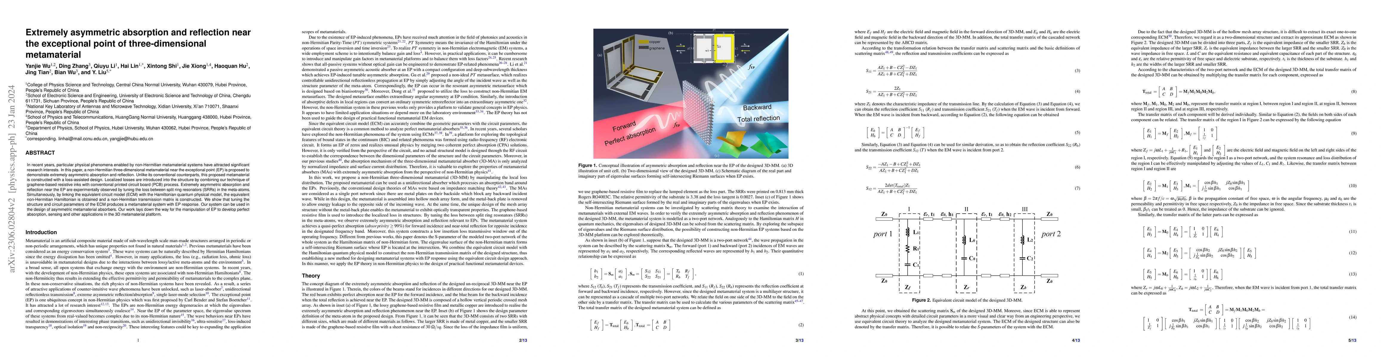 Thumbnail for Extremely asymmetric absorption and reflection near the exceptional
  point of three-dimensional metamaterial
