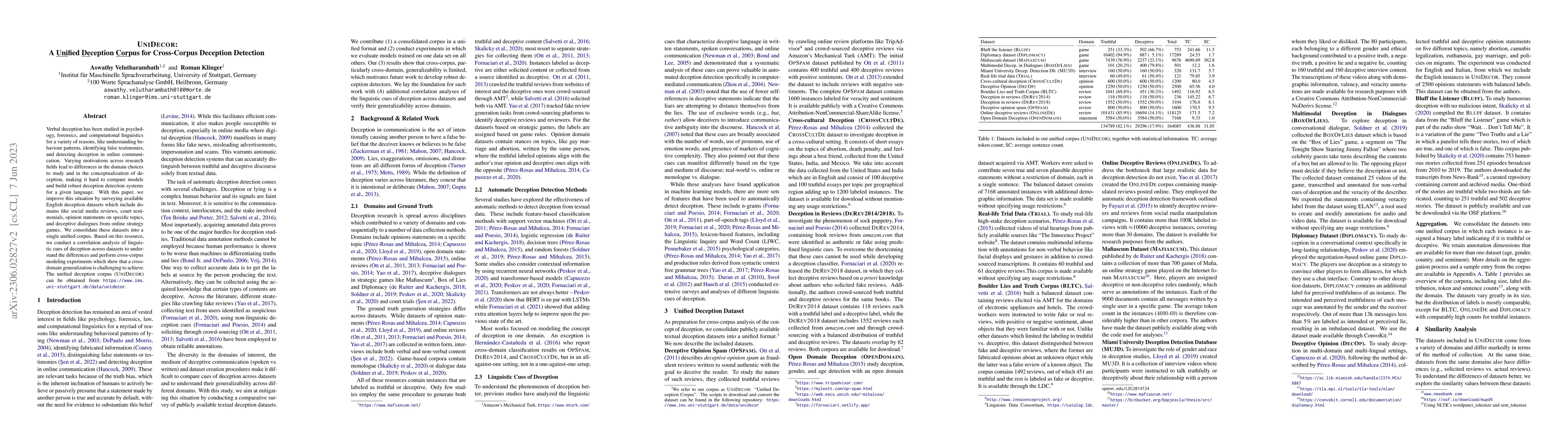 Thumbnail for UNIDECOR: A Unified Deception Corpus for Cross-Corpus Deception
  Detection