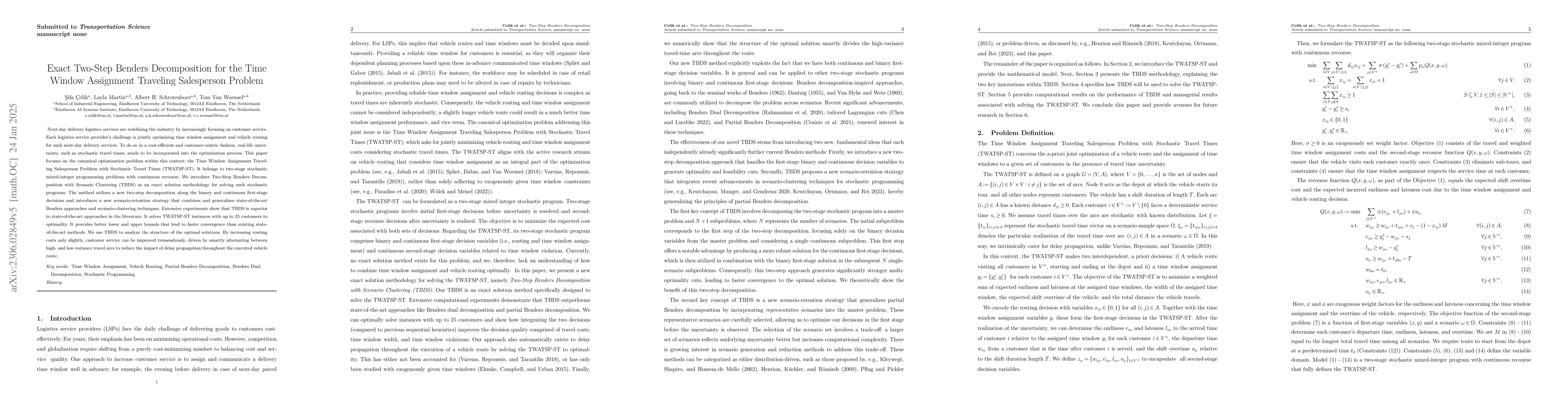 Thumbnail for Exact Two-Step Benders Decomposition for the Time Window Assignment
  Traveling Salesperson Problem
