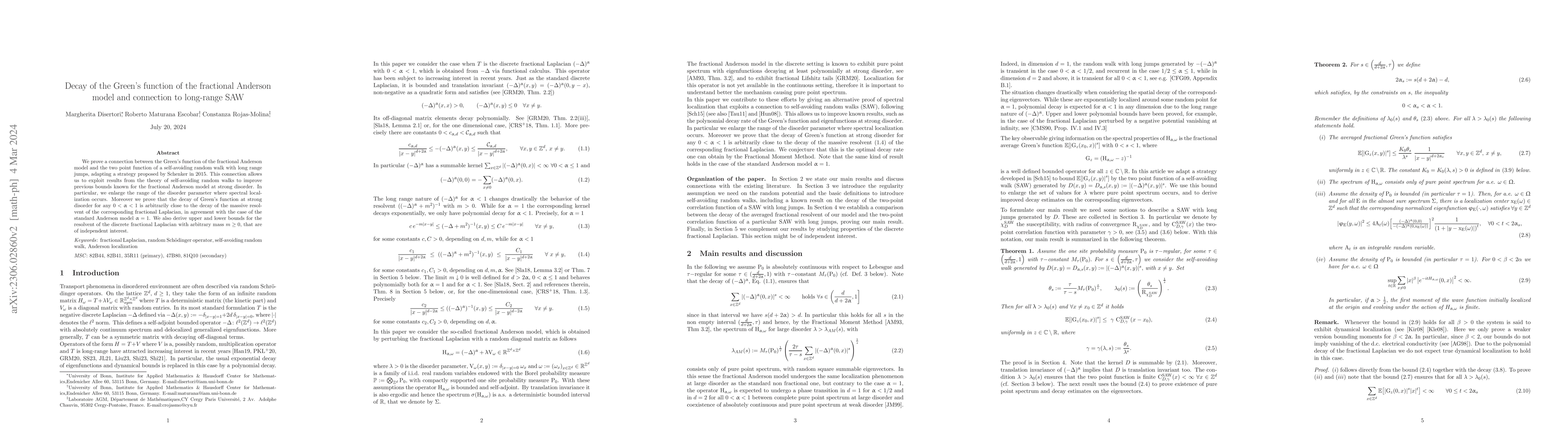 Thumbnail for Decay of the Green's function of the fractional Anderson model and
  connection to long-range SAW