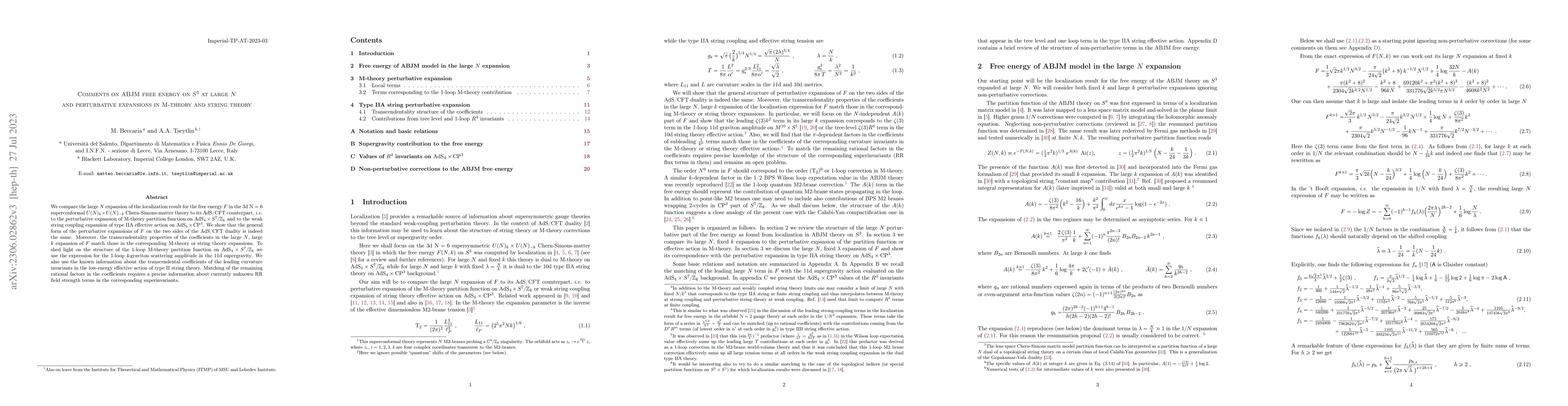 Thumbnail for Comments on ABJM free energy on $S^{3}$ at large $N$ and perturbative
  expansions in M-theory and string theory