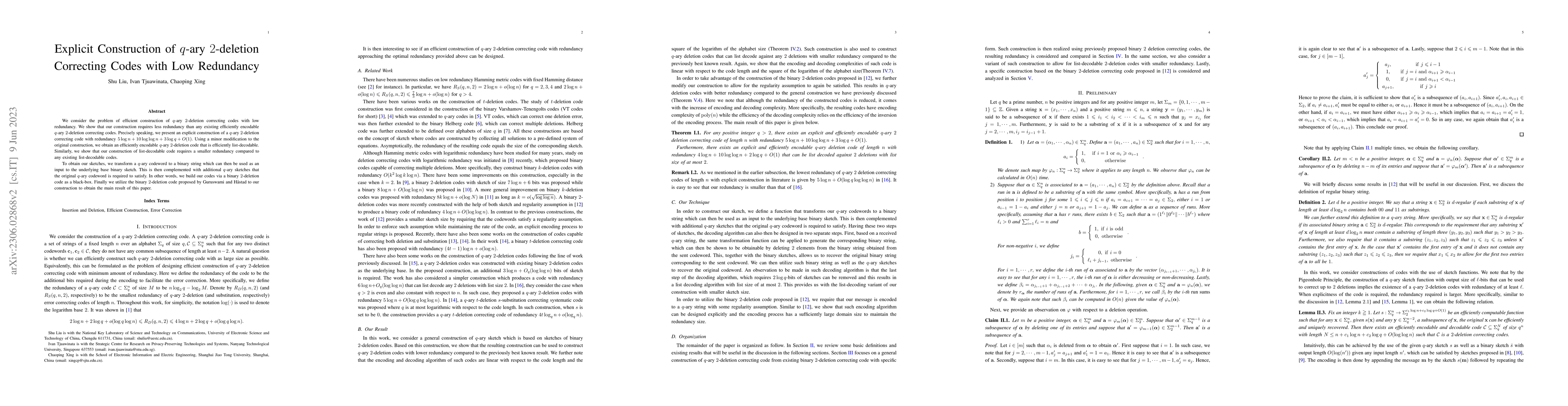 Thumbnail for Explicit Construction of q-ary 2-deletion Correcting Codes with Low
  Redundancy