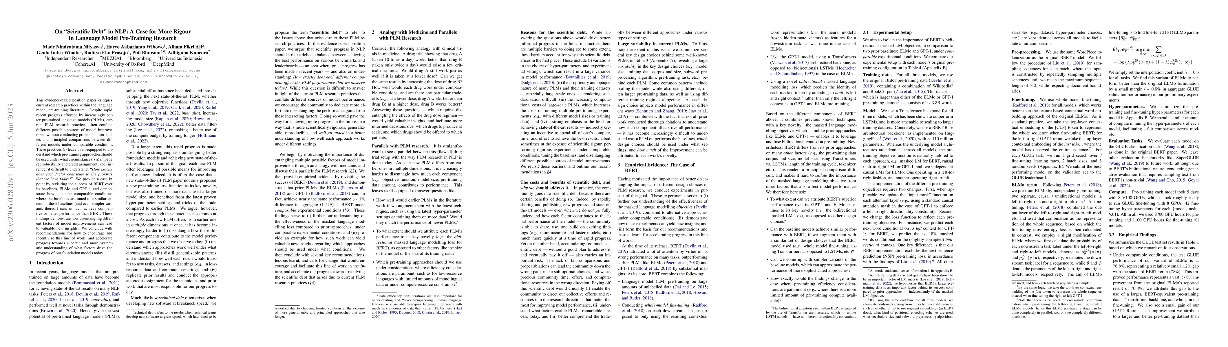 Thumbnail for On "Scientific Debt" in NLP: A Case for More Rigour in Language Model
  Pre-Training Research