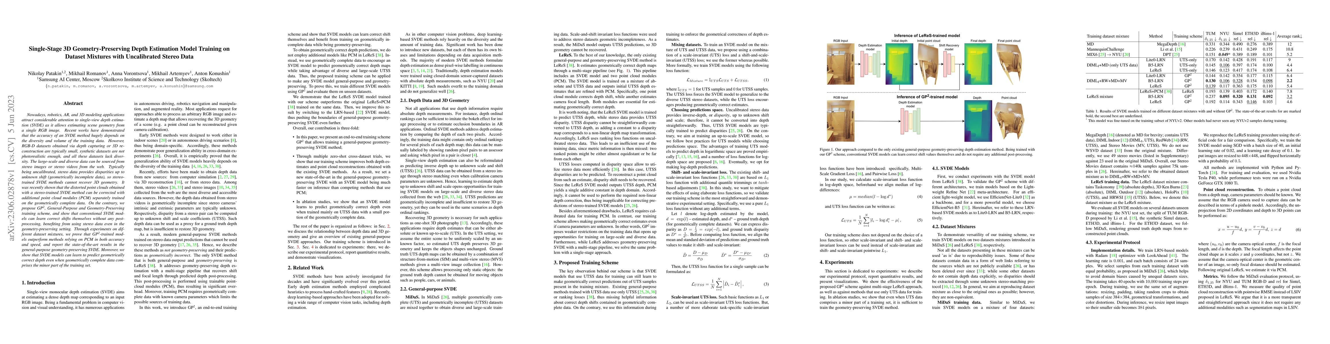 Thumbnail for Single-Stage 3D Geometry-Preserving Depth Estimation Model Training on
  Dataset Mixtures with Uncalibrated Stereo Data