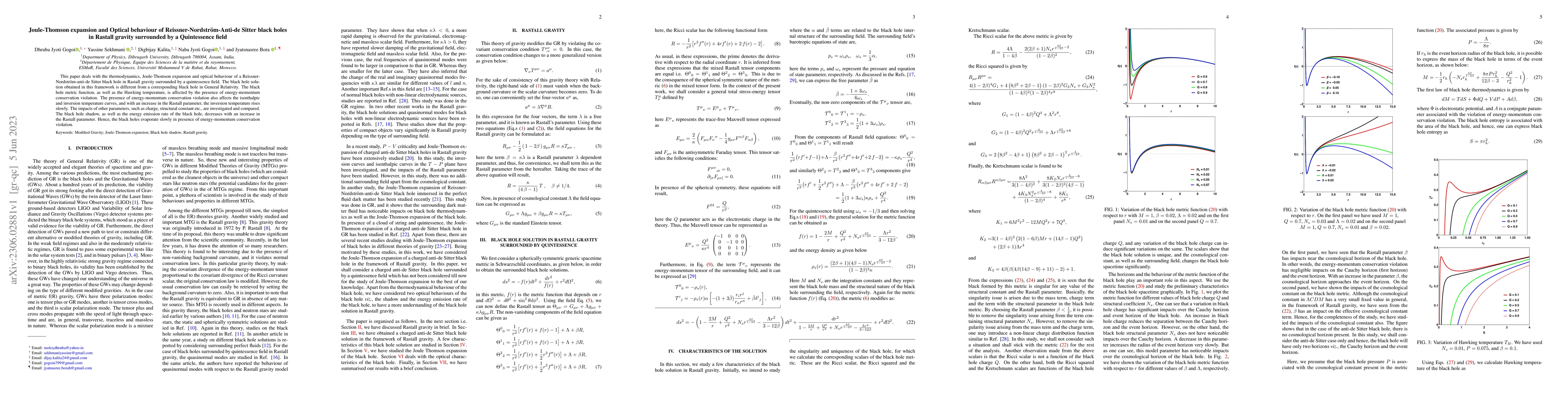Thumbnail for Joule-Thomson expansion and Optical behaviour of
  Reissner-Nordstr\"om-Anti-de Sitter black holes in Rastall gravity surrounded
  by a Quintessence field