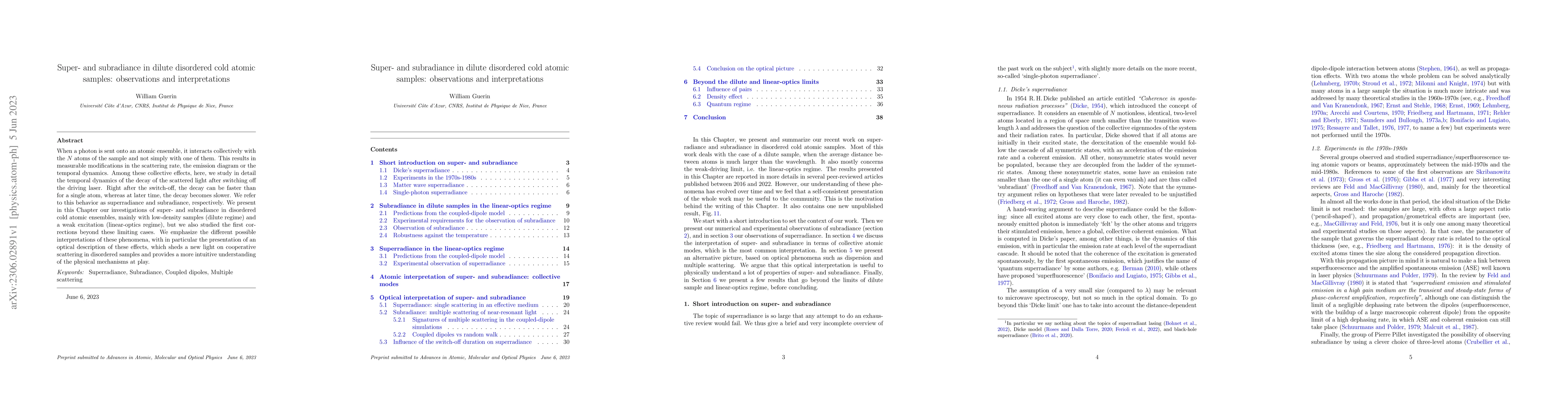 Thumbnail for Super- and subradiance in dilute disordered cold atomic samples:
  observations and interpretations