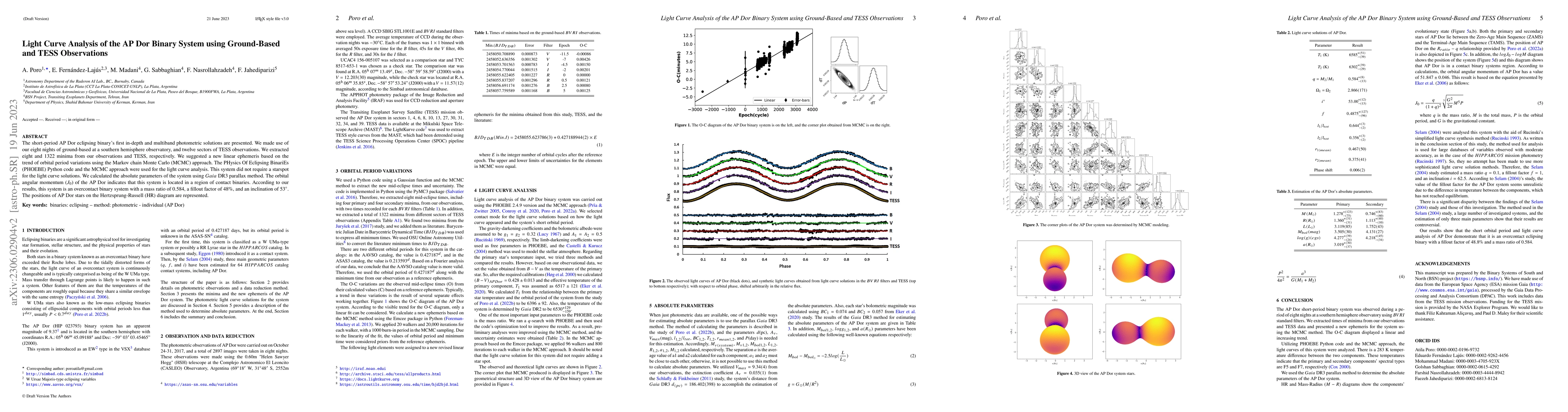 Thumbnail for Light Curve Analysis of the AP Dor Binary System using Ground-Based and
  TESS Observations