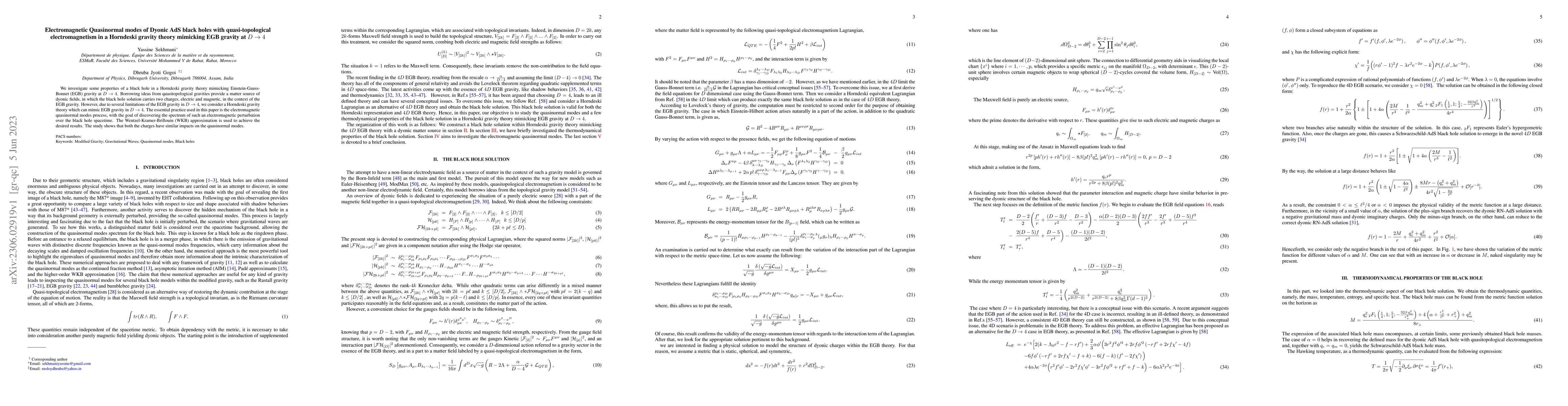 Thumbnail for Electromagnetic Quasinormal modes of Dyonic AdS black holes with
  quasi-topological electromagnetism in a Horndeski gravity theory mimicking
  EGB gravity at $D \rightarrow 4$