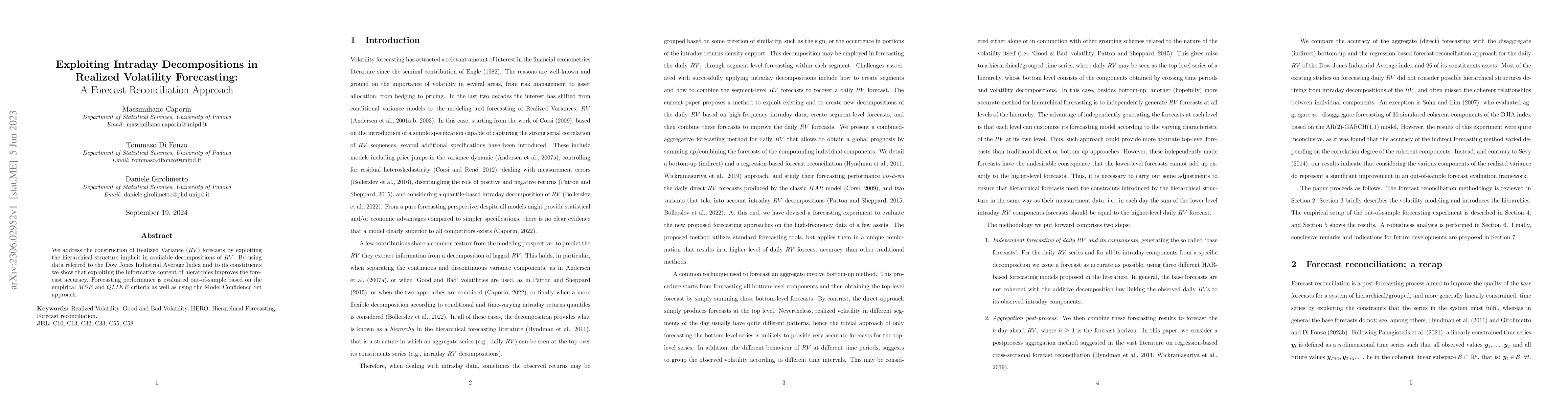 Thumbnail for Exploiting Intraday Decompositions in Realized Volatility Forecasting: A
  Forecast Reconciliation Approach