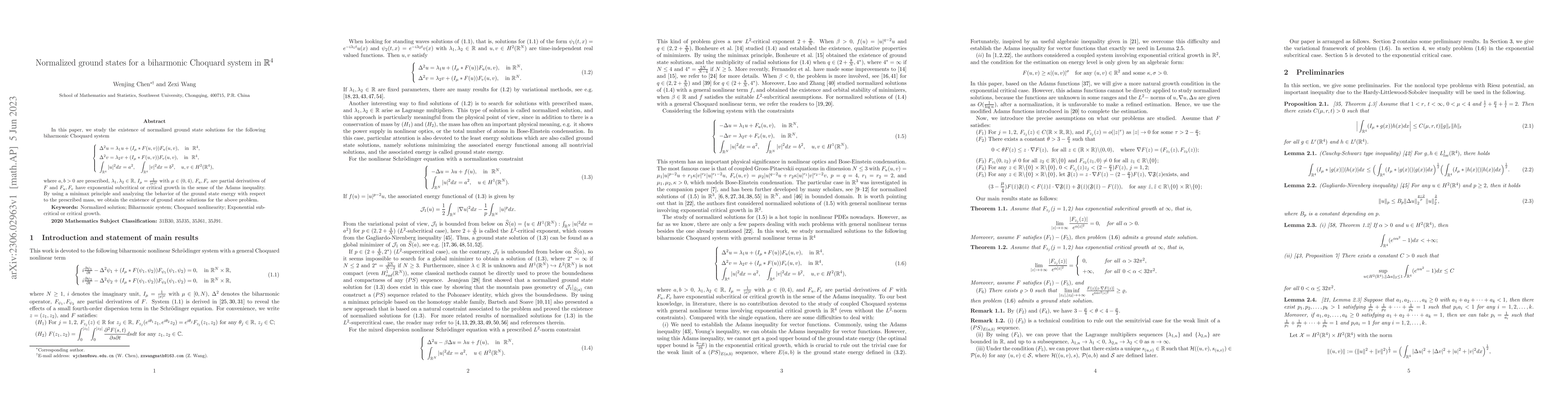 Thumbnail for Normalized ground states for a biharmonic Choquard system in
  $\mathbb{R}^4$