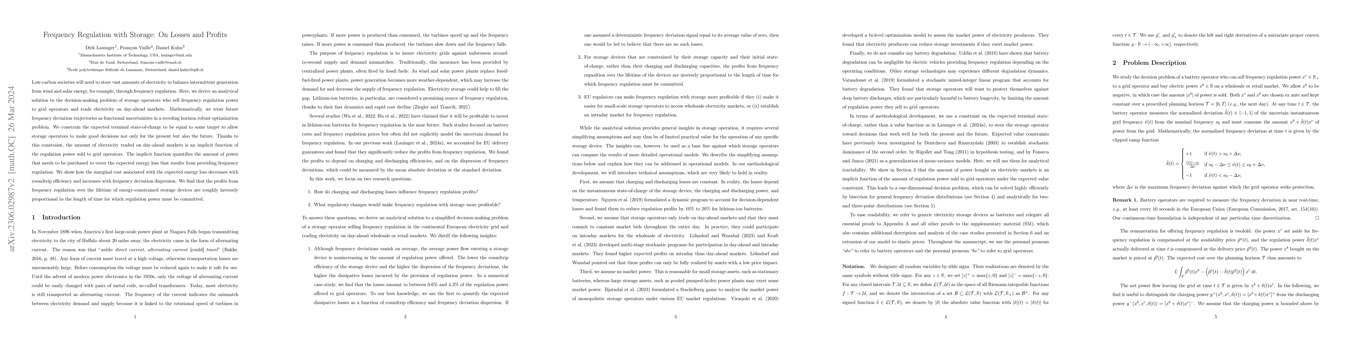 Thumbnail for Frequency Regulation with Storage: On Losses and Profits