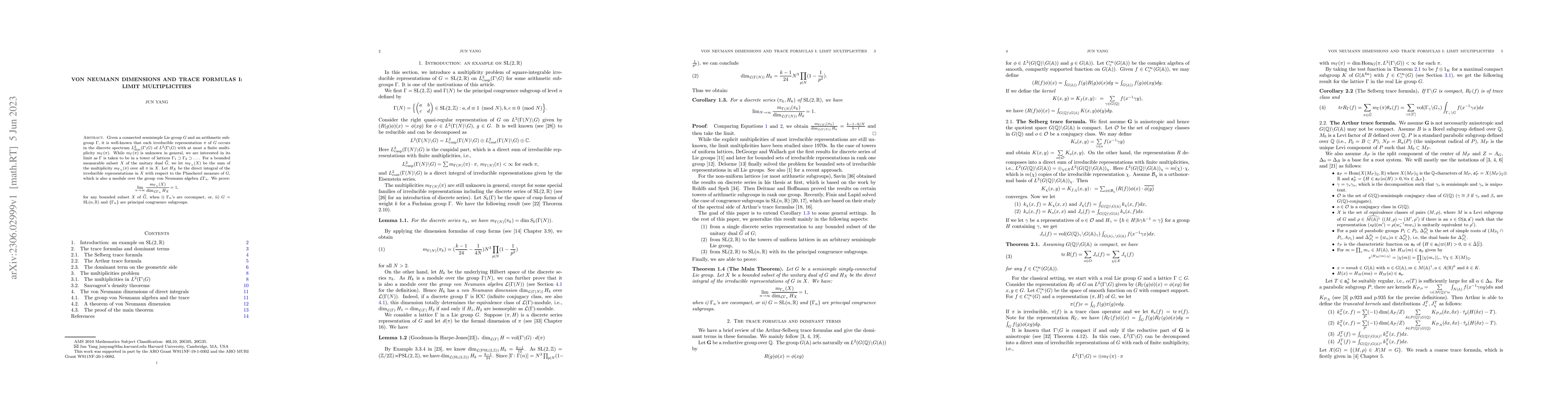 Thumbnail for Von Neumann Dimensions and Trace Formulas I: Limit Multiplicities