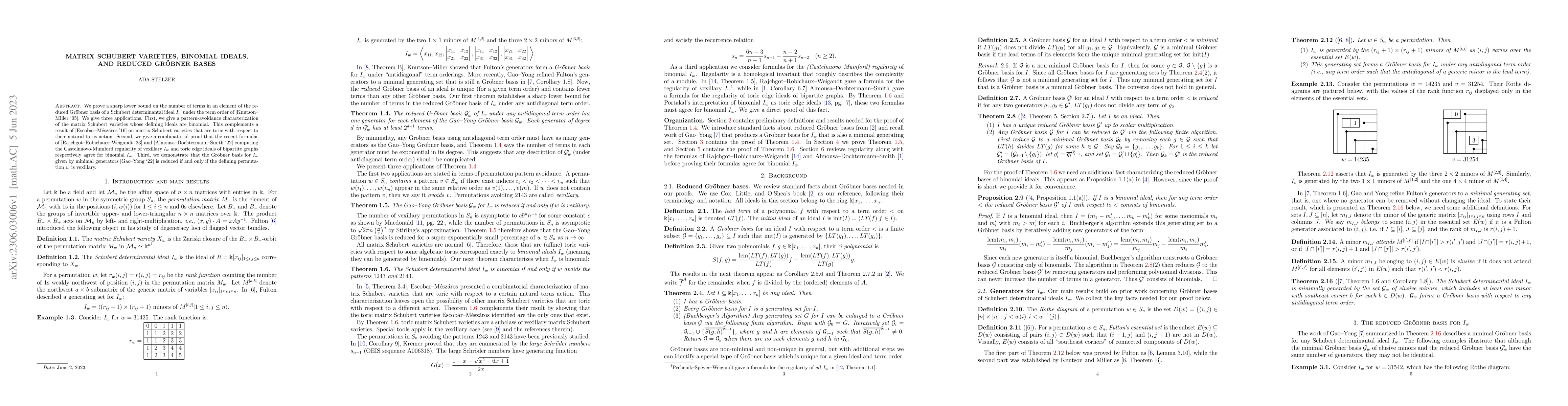 Thumbnail for Matrix Schubert varieties, binomial ideals, and reduced Gr\"obner bases