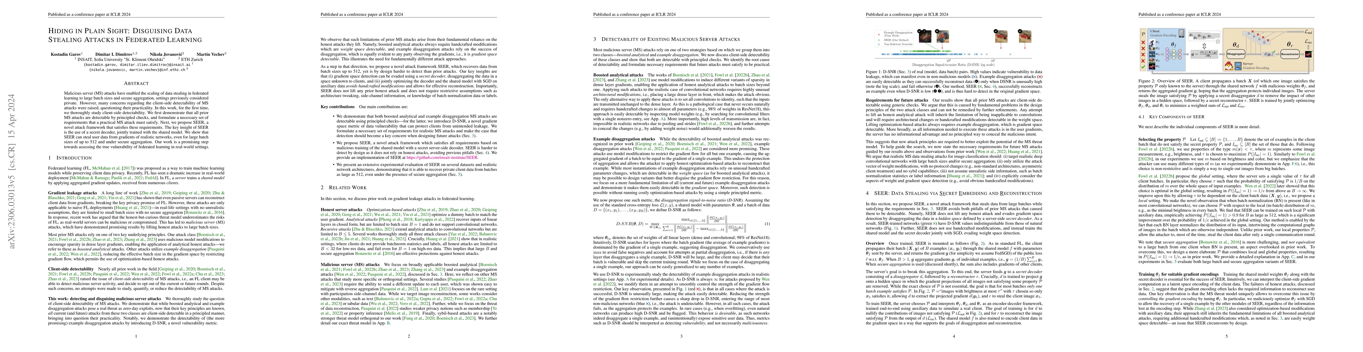 Thumbnail for Hiding in Plain Sight: Disguising Data Stealing Attacks in Federated
  Learning
