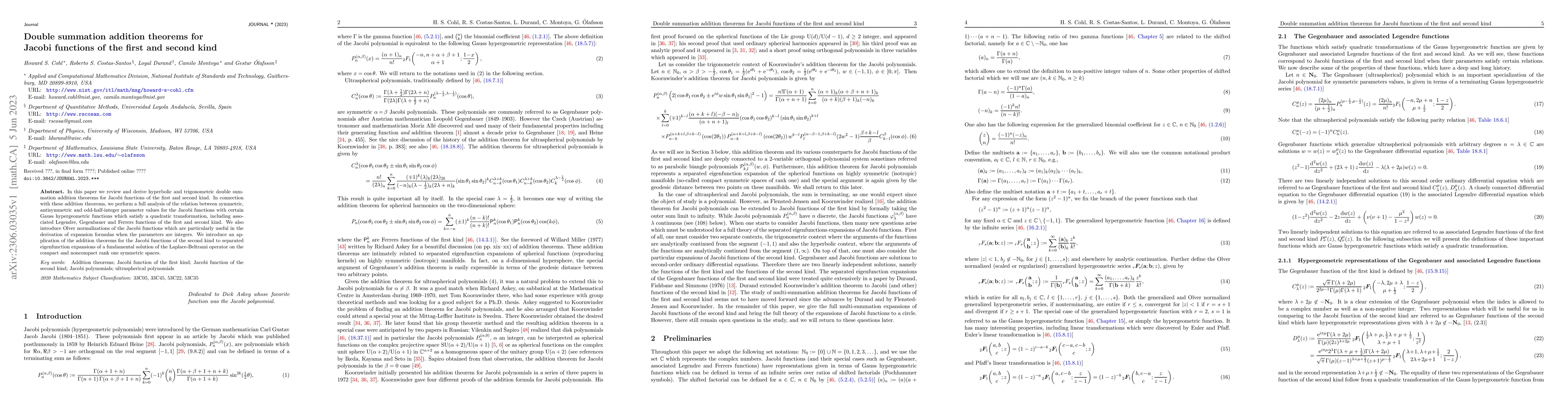 Thumbnail for Double summation addition theorems for Jacobi functions of the first and
  second kind