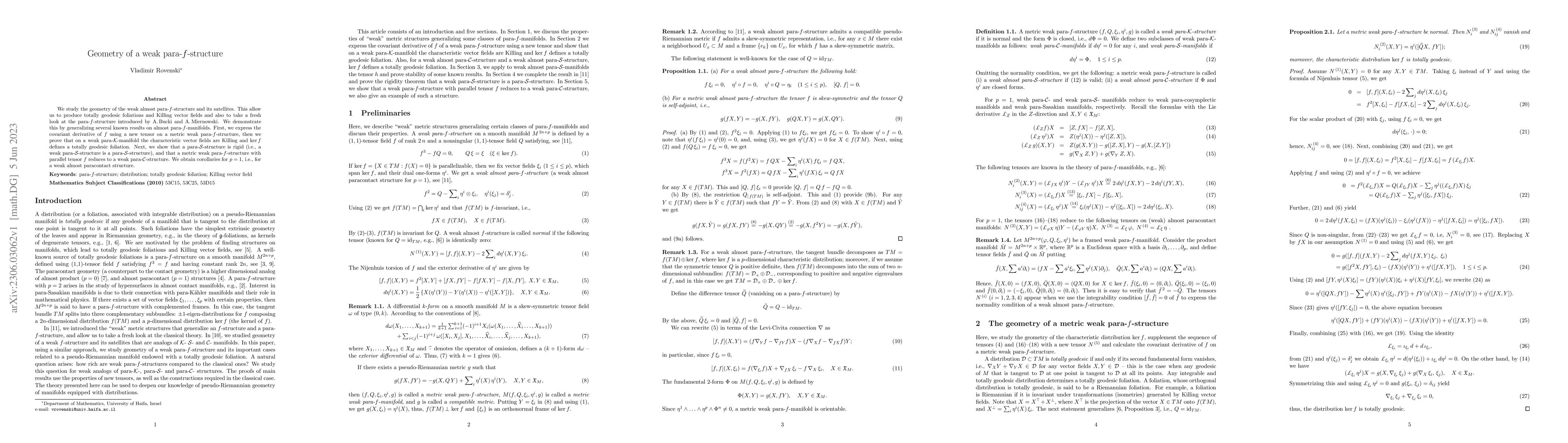 Thumbnail for Geometry of a weak para-$f$-structure