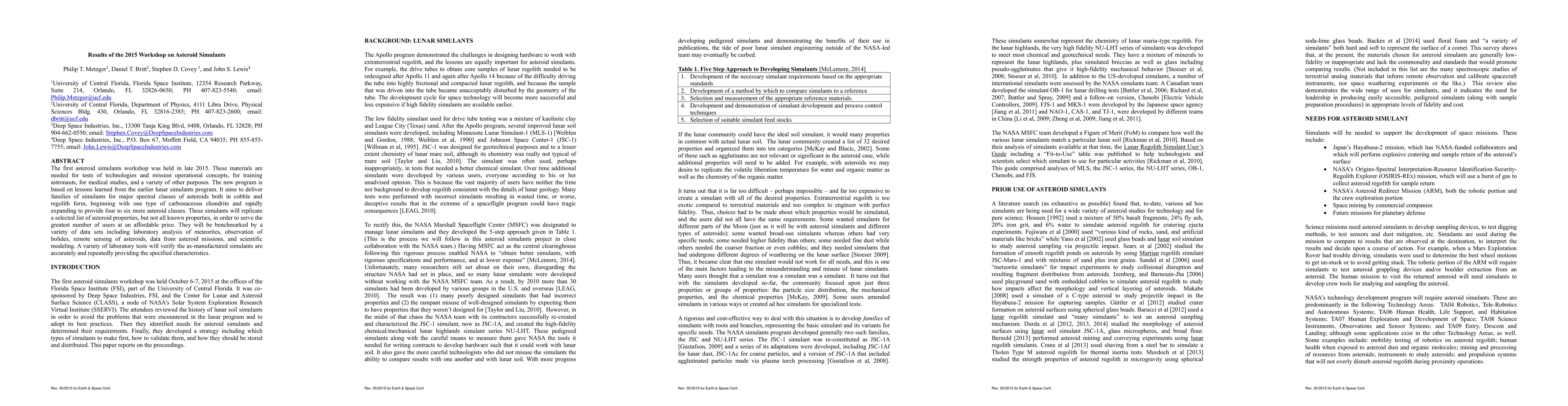 Thumbnail for Results of the 2015 Workshop on Asteroid Simulants