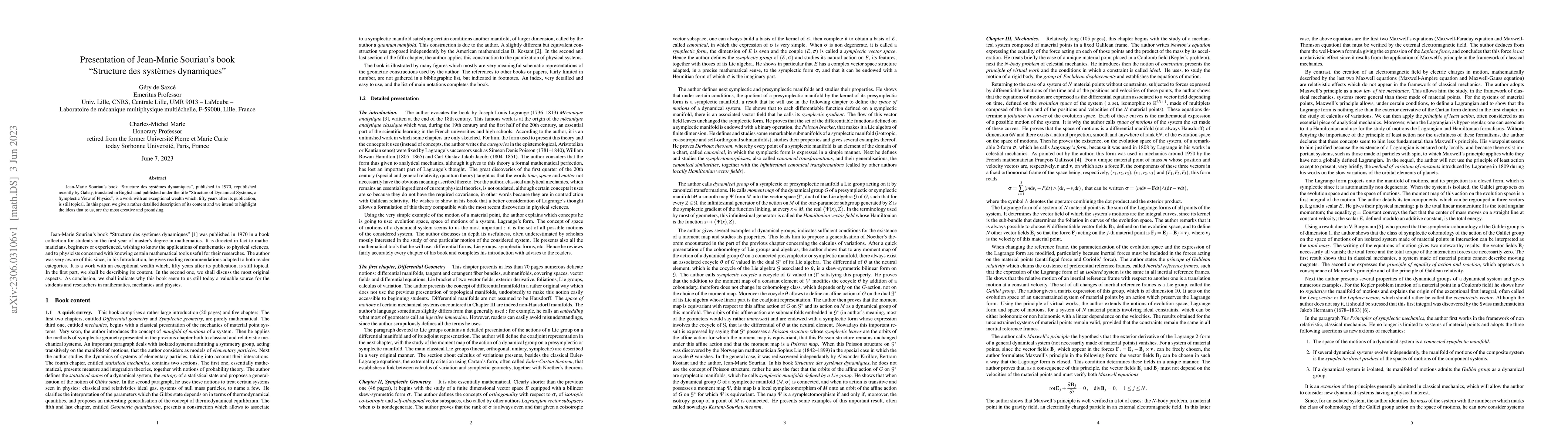 Thumbnail for Presentation of Jean-Marie Souriau's book ''Structure des syst\`emes
  dynamiques''