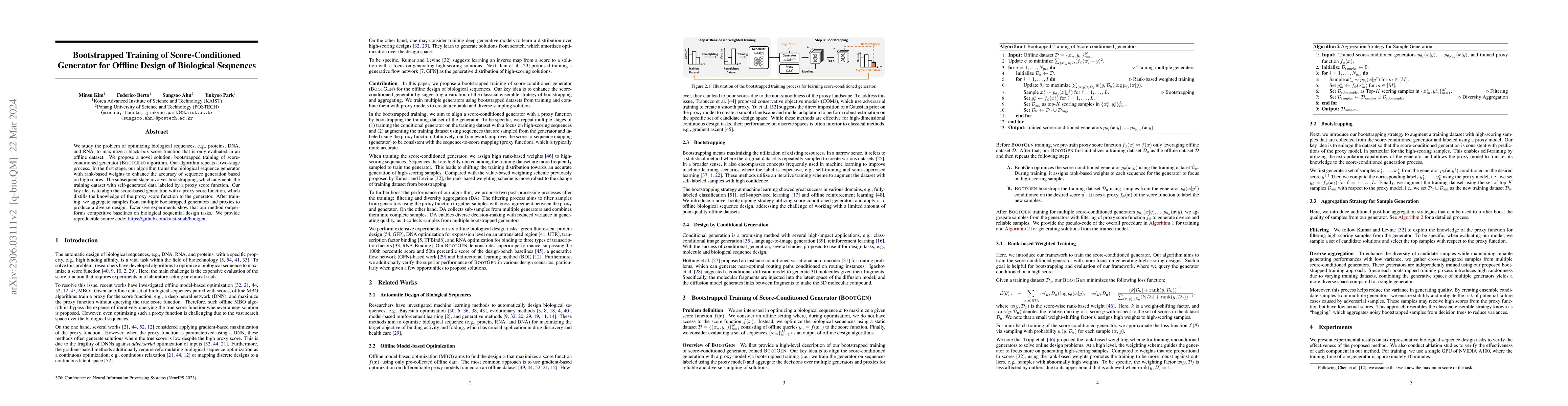 Thumbnail for Bootstrapped Training of Score-Conditioned Generator for Offline Design
  of Biological Sequences