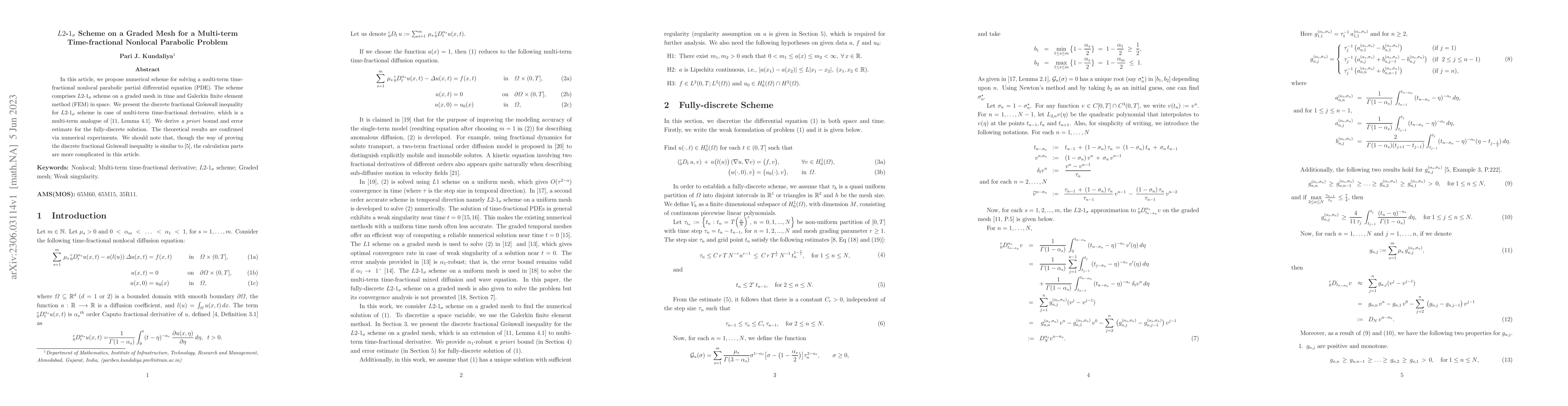 Thumbnail for $L2$-$1_{\sigma}$ Scheme on a Graded Mesh for a Multi-term
  Time-fractional Nonlocal Parabolic Problem