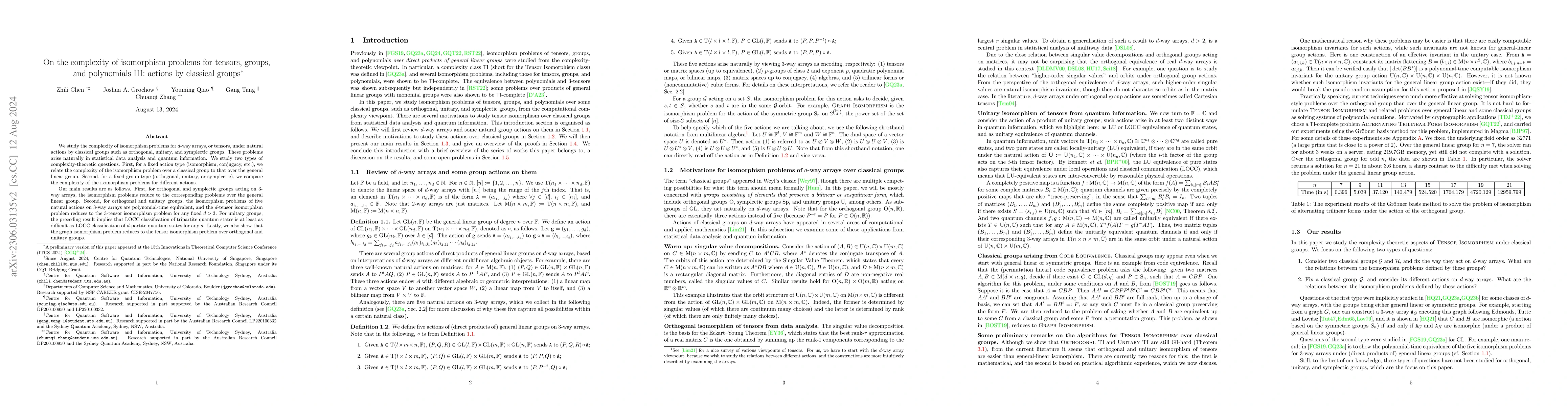 Thumbnail for On the complexity of isomorphism problems for tensors, groups, and
  polynomials III: actions by classical groups