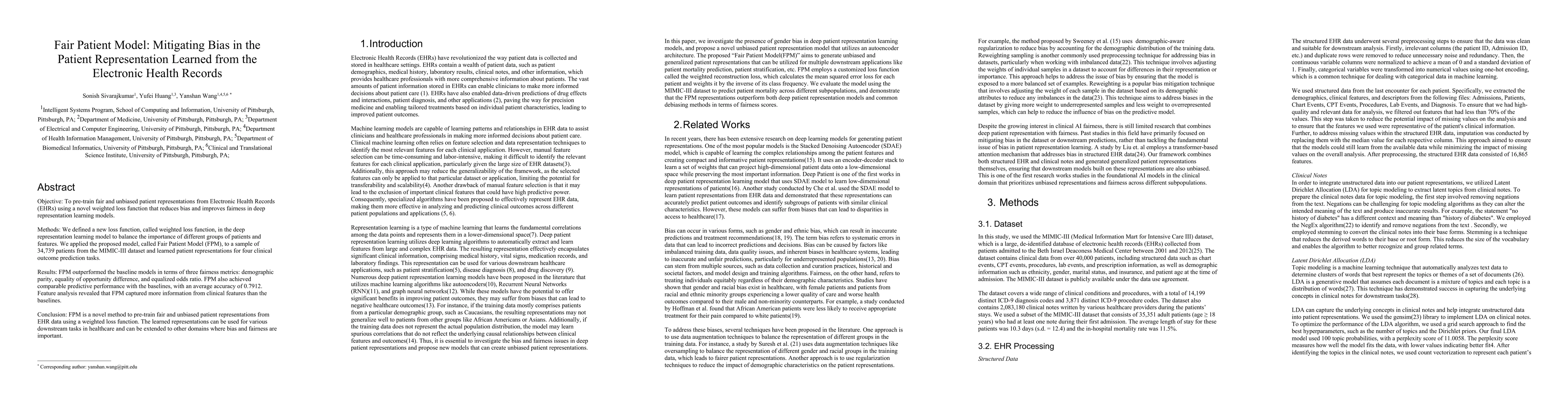 Thumbnail for Fair Patient Model: Mitigating Bias in the Patient Representation
  Learned from the Electronic Health Records