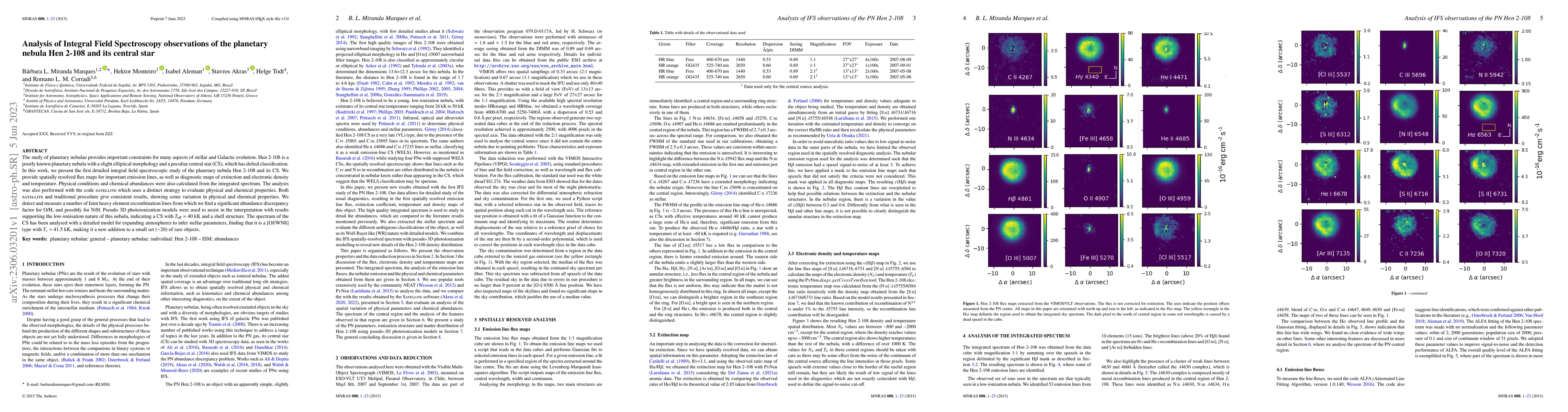 Thumbnail for Analysis of Integral Field Spectroscopy observations of the planetary
  nebula Hen 2-108 and its central star