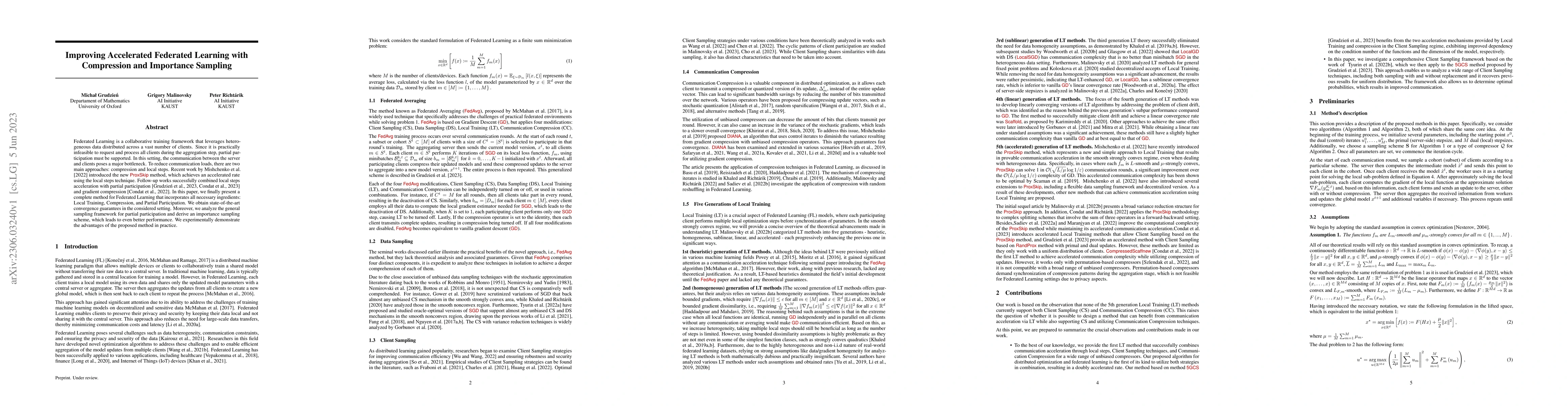 Thumbnail for Improving Accelerated Federated Learning with Compression and Importance
  Sampling